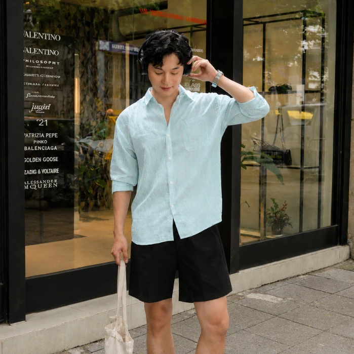 Bộ Quần Áo Kiểu Hàn Quốc Mùa Hè Basic (Sơ Mi Dài Tay Linen + Quần Cộc Đũi) Du Lịch Đi Biển Vesca J77