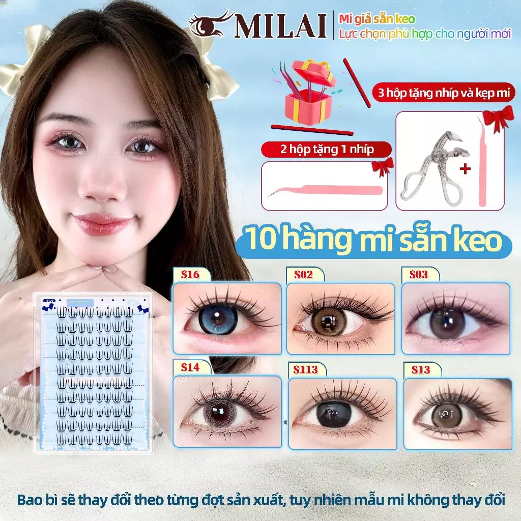 MILAI 10 bộ mi sẵn keo | Kiểu tự nhiên & dày đẹp | Mua từ 3 hộp tặng 1 nhíp + 1 kẹp mi