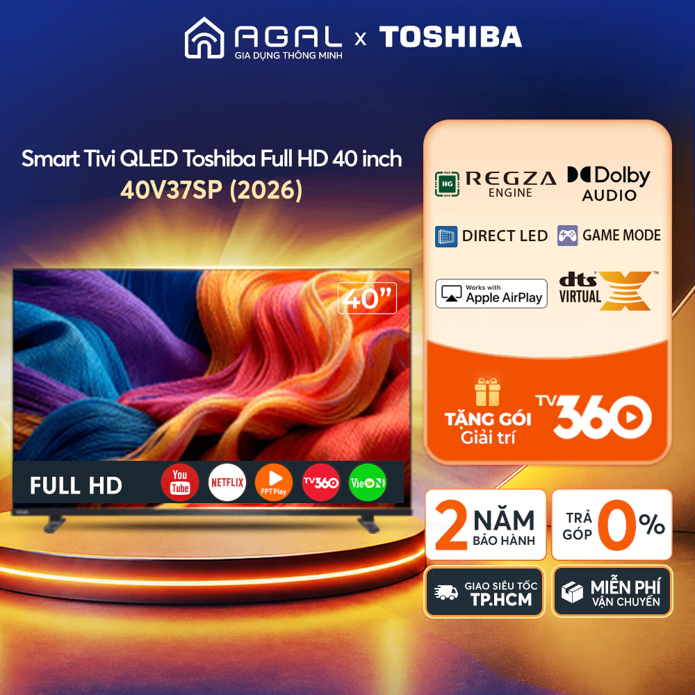 |Mẫu mới 2026| Smart Tivi QLED Toshiba FHD 40 inch 40V37SP, Trả góp 0%, Bảo hành 2 năm