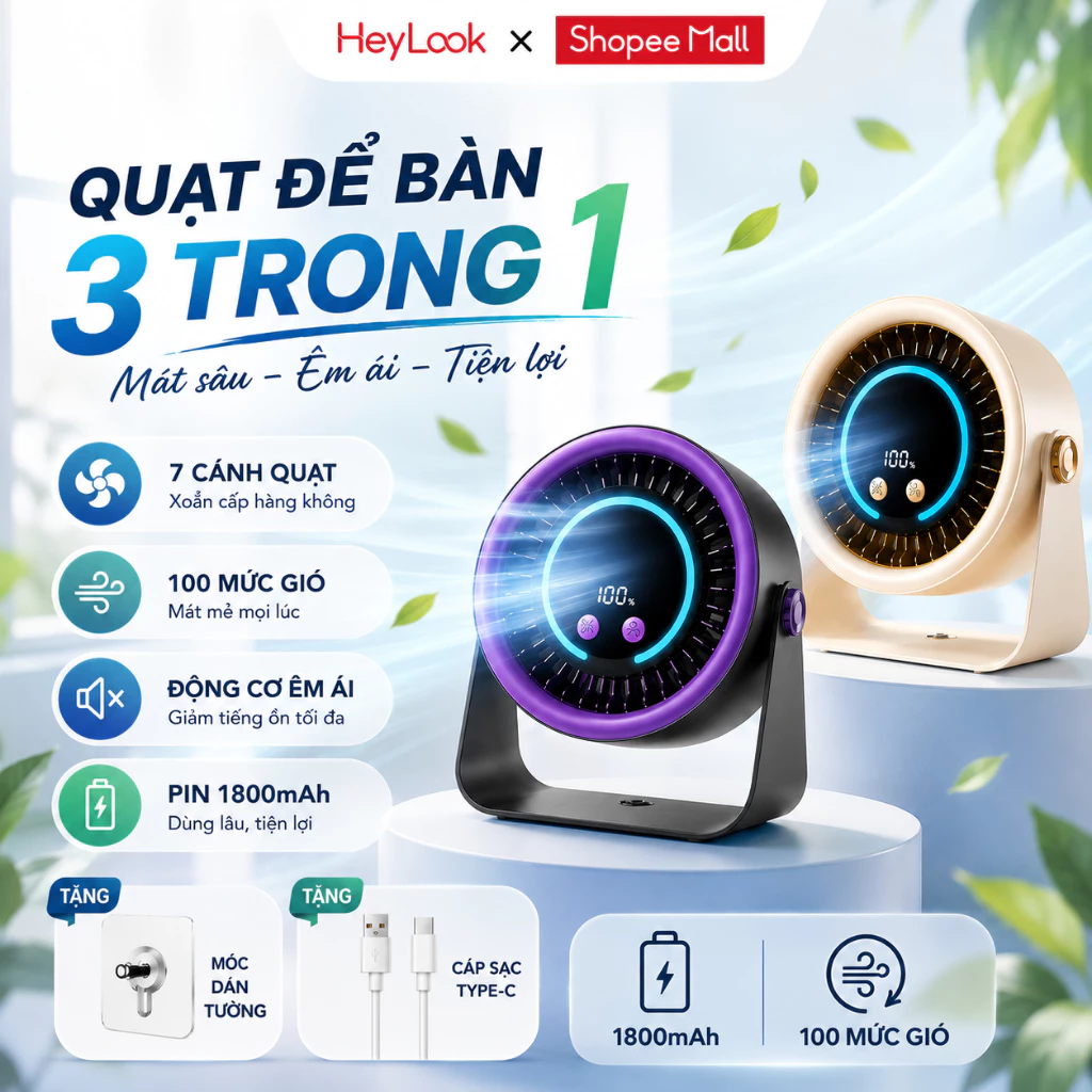 Quạt Tích Điện Mini 3 Trong 1 Pin Sạc 1800mAh 100 Mức Gió, Quạt Tích Điện Treo Tường, Để Bàn Siêu Êm