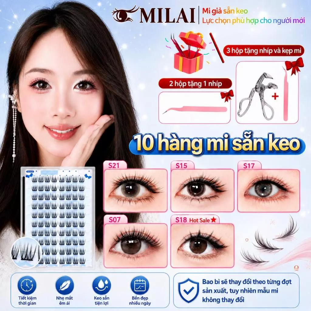 Mi giả MILAI 10 hàng mi sẵn keo | Kiểu tự nhiên & dày đẹp | Mua từ 3 hộp tặng 1 nhíp + 1 kẹp mi