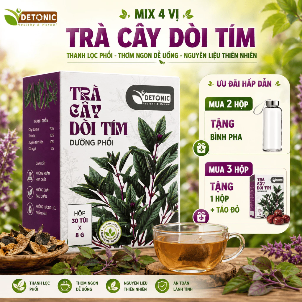 Trà Thảo Mộc Cây Dòi Tím DETONIC Túi Lọc 30 Gói Hộp 150g - Hỗ Trợ Làm Dịu Cổ Họng, Bảo Vệ Hô Hấp