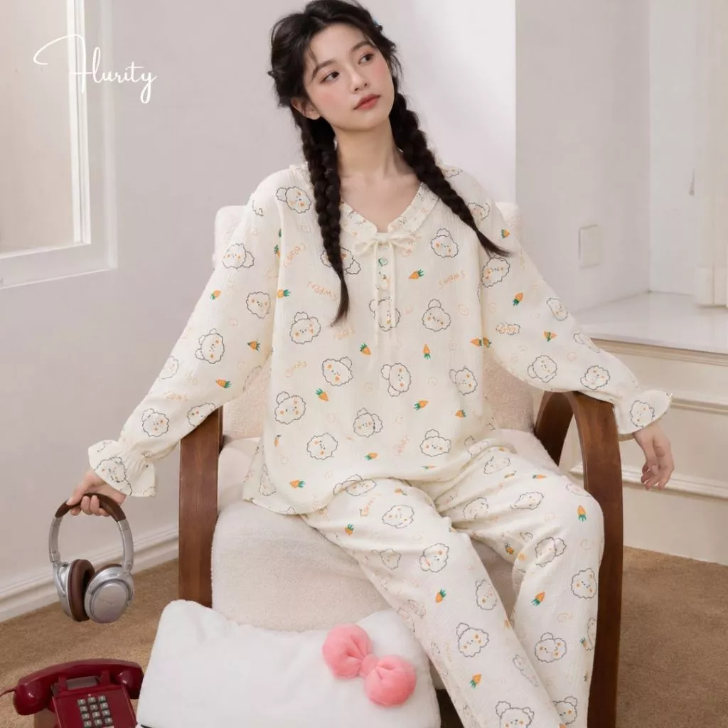 Set Bộ Đồ Pijamas Thiết Kế Cao Cấp Ngủ Dài Mặc Tại Nhà Nữ Jena Pyjamas Mềm Gợi Cảm Xinh Xắn Dễ Thương Flurity BDTDCS159