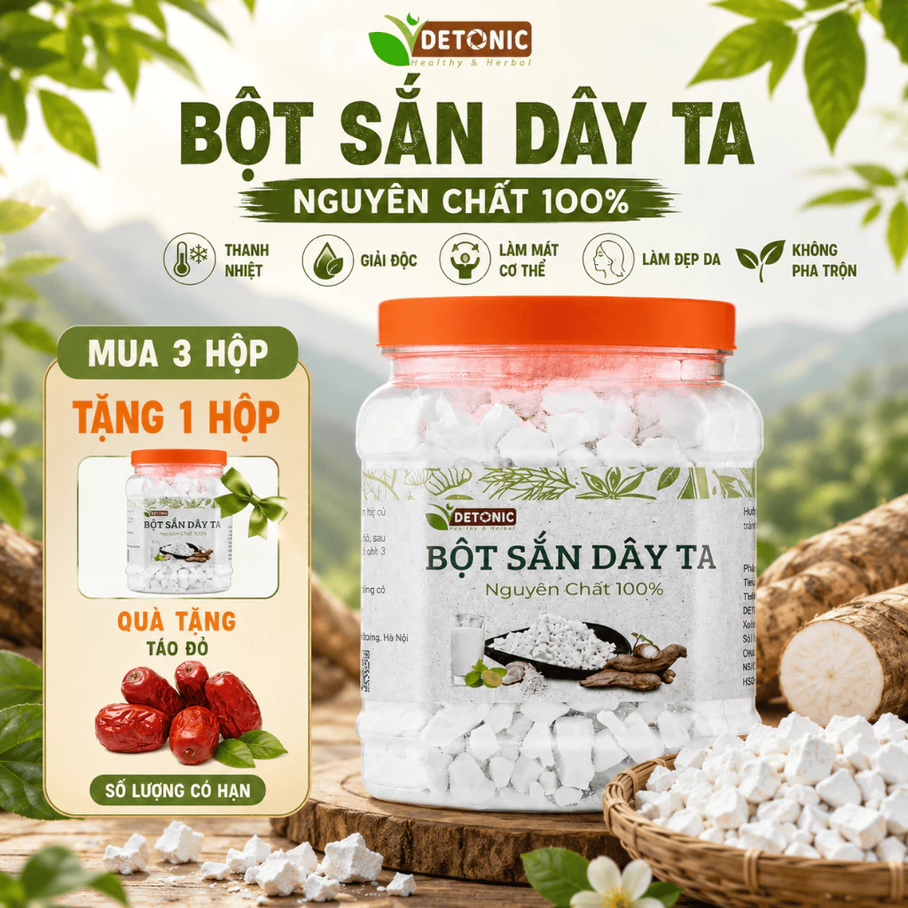 Bột Sắn Dây Nguyên Chất DETONIC 500G - Tinh Bột Sắn Dây Tự Nhiên, Thanh Mát