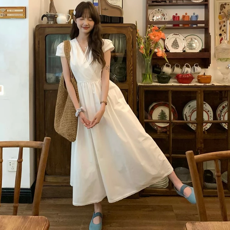 Váy nữ dáng dài chất thô cổ chữ V phối viền ren phong cách Hàn Quốc 24Febstudio VVN0029