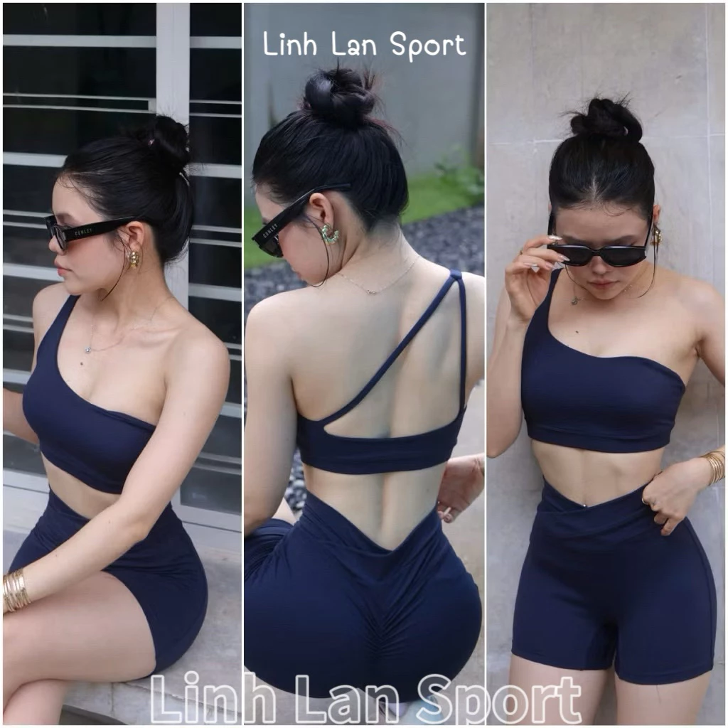 SET ĐÙI NGẮN V MÔNG ÁO LỆCH VAI S12 Chất LULU Co Dãn Tập Gym-Yoga-Aerobic-Chạy bộ-Đạp xe Linh Lan Sport ( cả áo và quần)