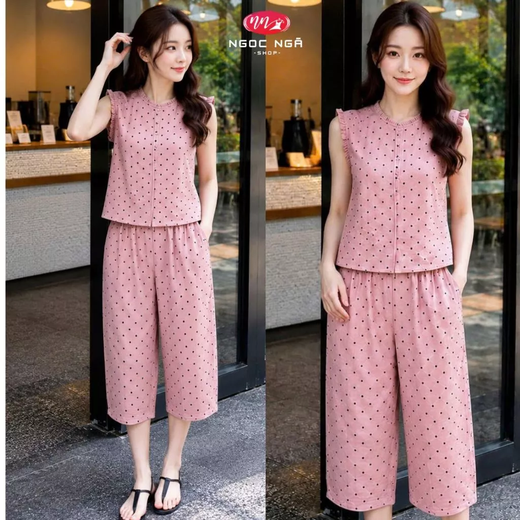 Bộ nữ KELIVY Linen chấm bi phối bèo - Mềm mại và an toàn 26177