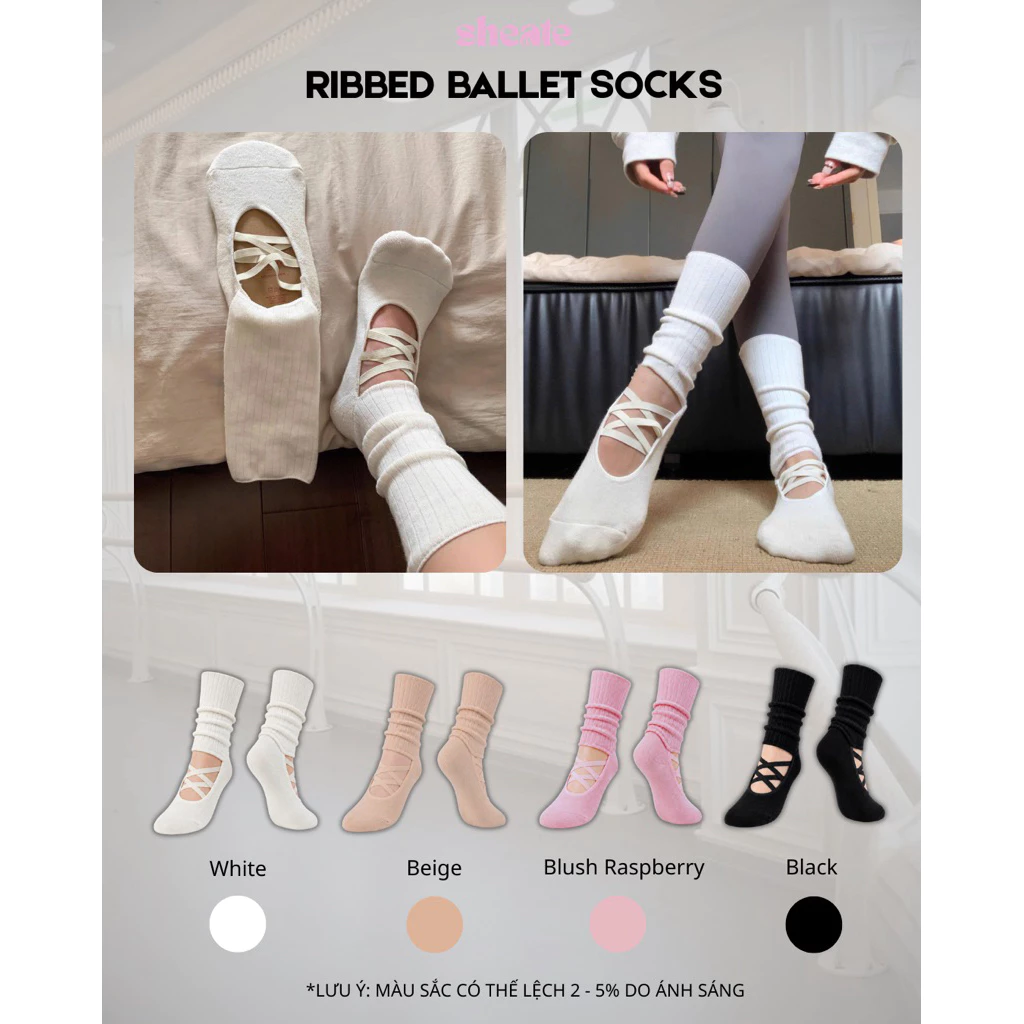 RIBBED BALLET SOCKS | Tất Pilates & Yoga Chống Trượt Cổ Cao Phong Cách Ballet