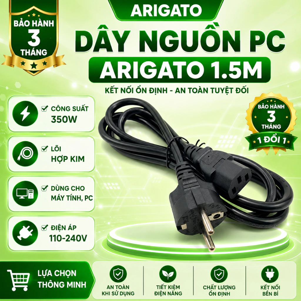 Dây Nguồn PC Arigato 1.5M Cáp Nguồn Máy Tính 350W Dây Nguồn CPU Màn Hình Kết Nối Ổn Định Chính Hãng