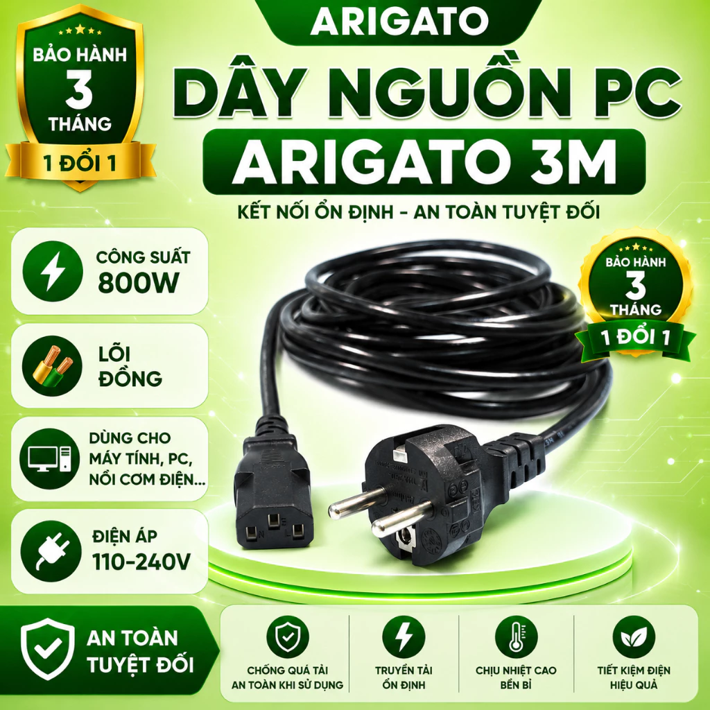 Dây Nguồn PC Lõi Đồng Arigato 3M 1200W Cáp Nguồn Máy Tính CPU Màn Hình Nồi Cơm-Ấm Siêu Tốc