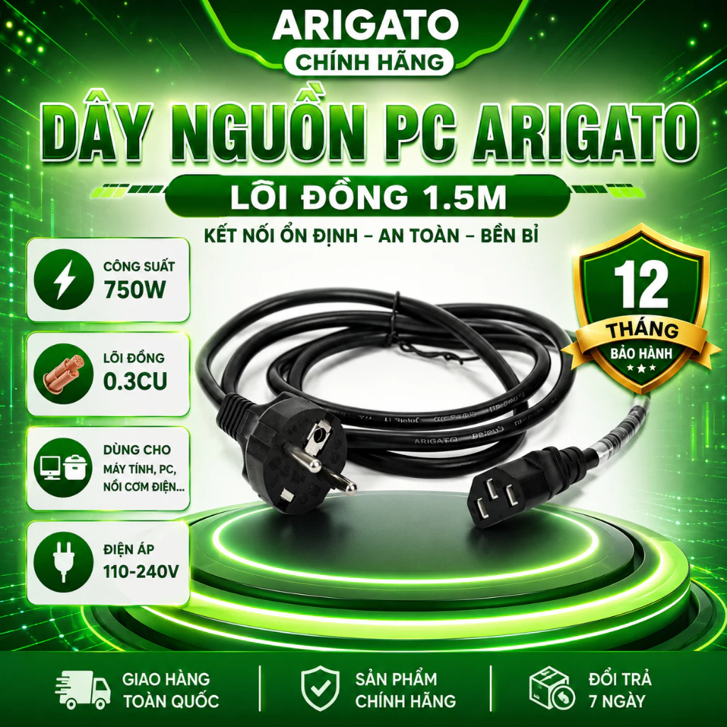Dây Nguồn PC Lõi Đồng Arigato 1.5M 750W Cáp Nguồn Máy Tính CPU Màn Hình Chuẩn IEC Chính Hãng Bền Đẹp