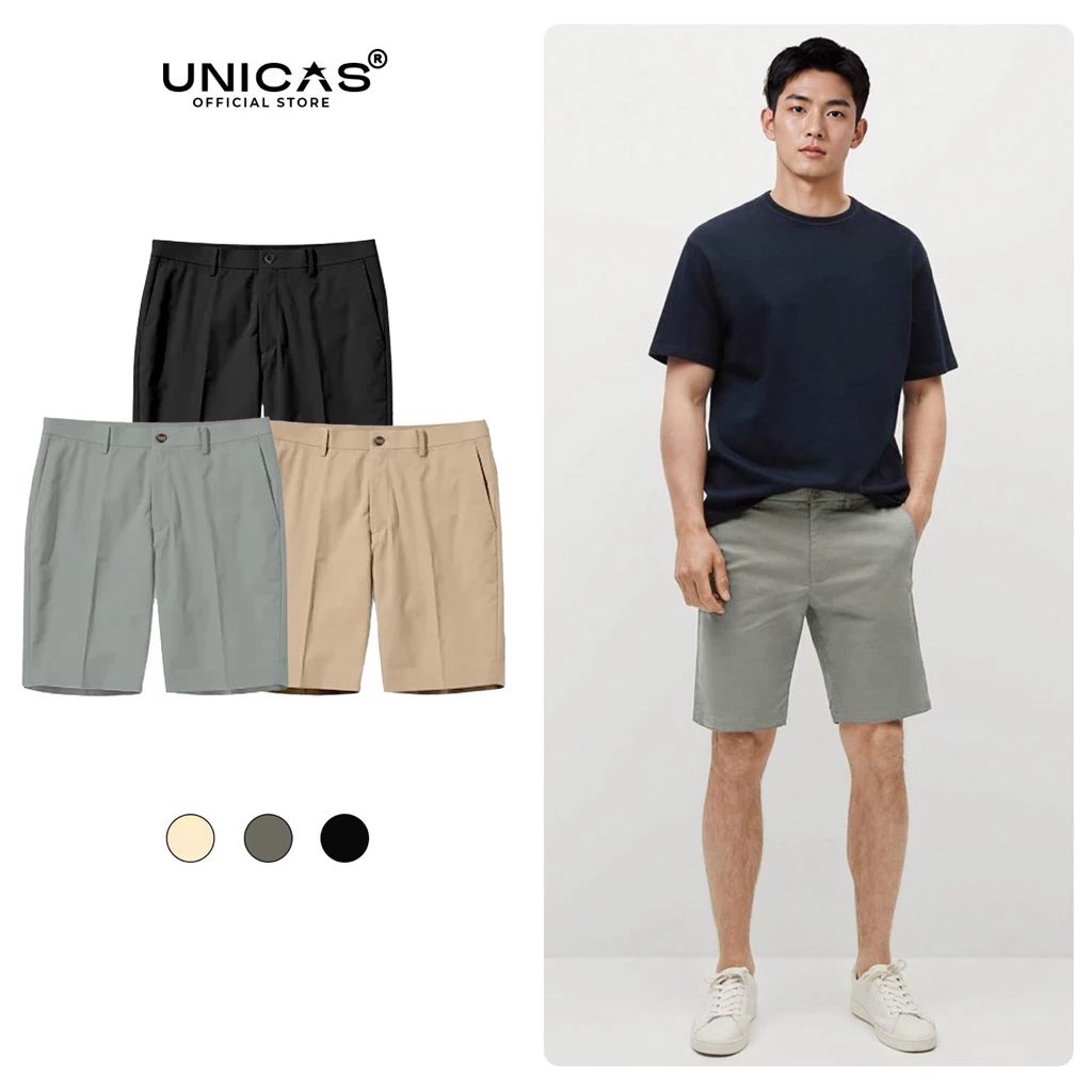 Quần Shorts Kaki Nam UNICAS Chất Vải Kaki Cotton Lưng Bản Thẳng Form Slimfit Cao Cấp Thời Thượng