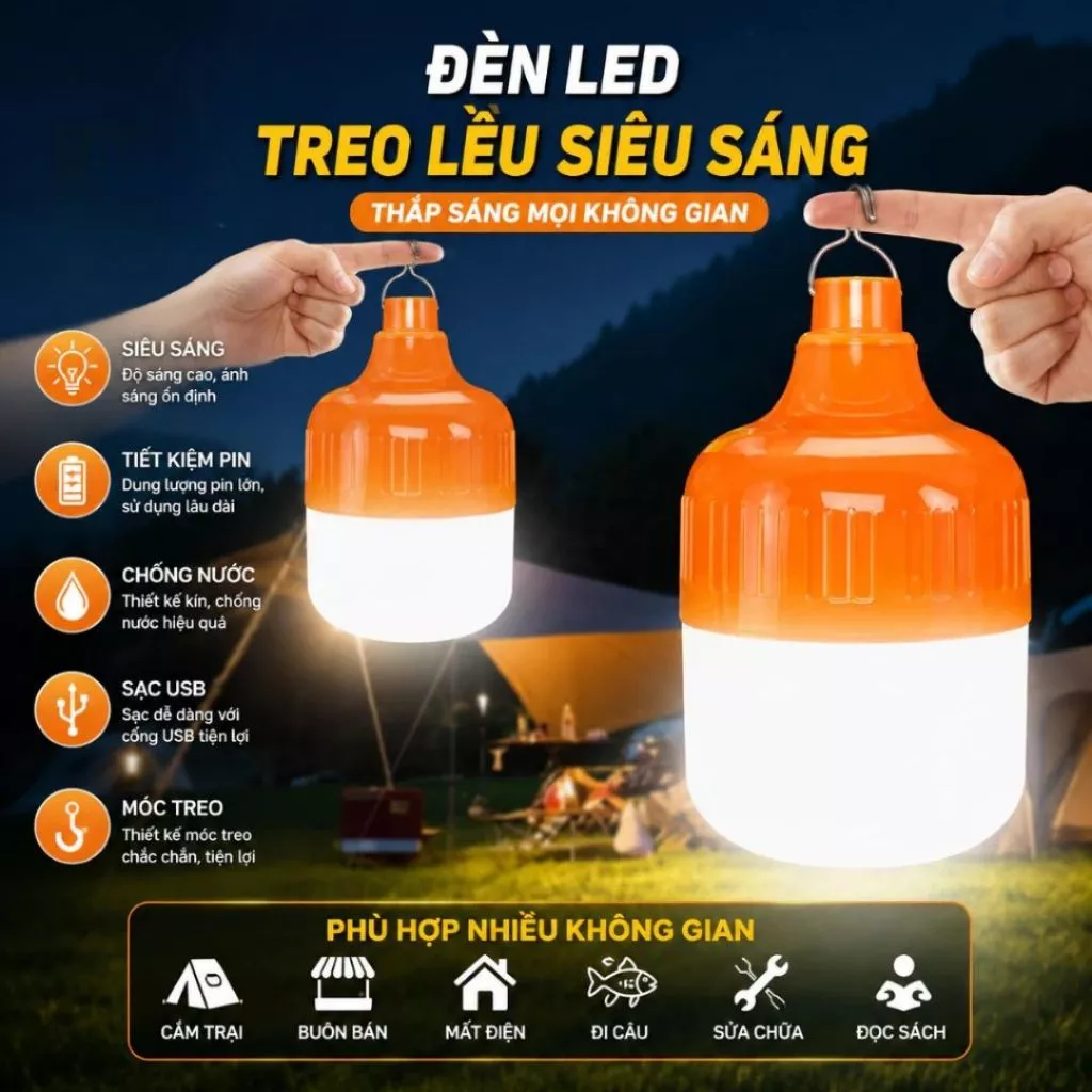 Bóng đèn tích điện công suất 100W, 150W, 200W, Đèn Cắm Trại , sạc USB tiện lợi siêu bền ( Giá Rẻ )