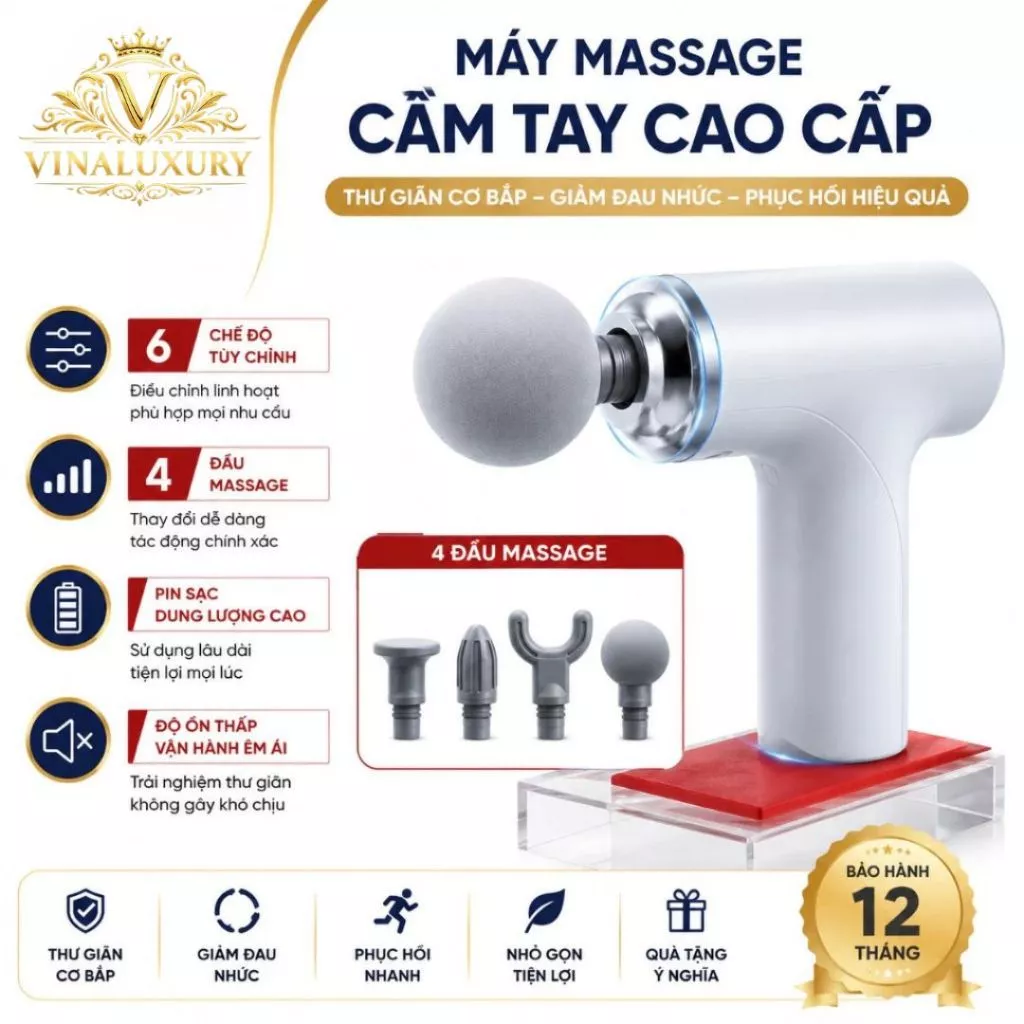 Máy Massage Cầm Tay Mini - Súng Massage Đấm Lưng 6 Chế Độ Rung Và 4 Đầu Thay Thế