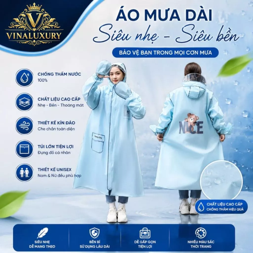 Áo Mưa Gấu Nice Chất Liệu Cao Cấp - Áo Mưa Thời Trang VINALUXURY Có Khoá Kéo Tiện Lợi