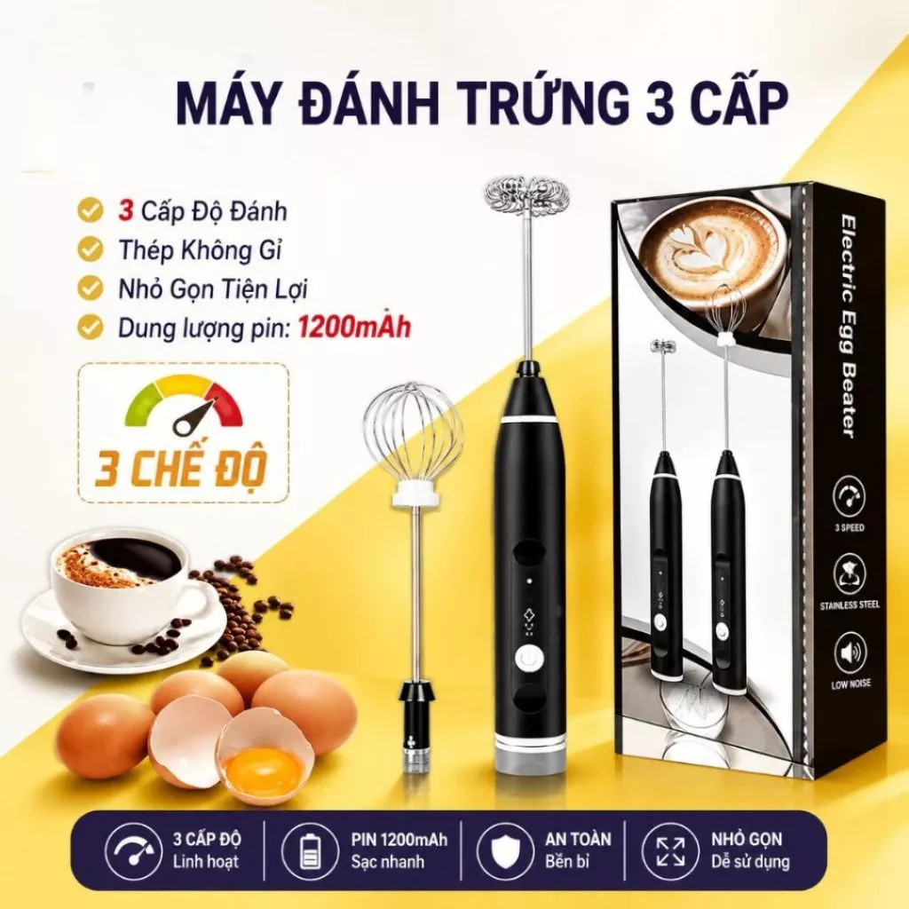 Máy Đánh Trứng Mini Cầm Tay Sạc Pin 3 Cấp Độ Tặng Kèm 2 Đầu Đánh Chuyên Dụng - Máy Tạo Bọt Cafe