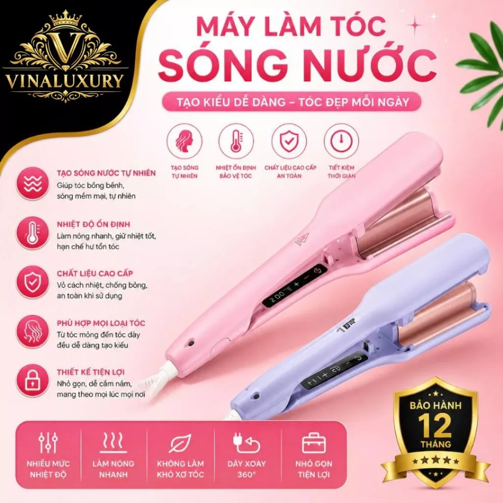 Máy Uốn Tóc Xoăn Sóng Nước Hippie 32mm Chất Liệu Gốm Sứ Ceramic 4 Mức Chỉnh Nhiệt - Máy Làm Tóc
