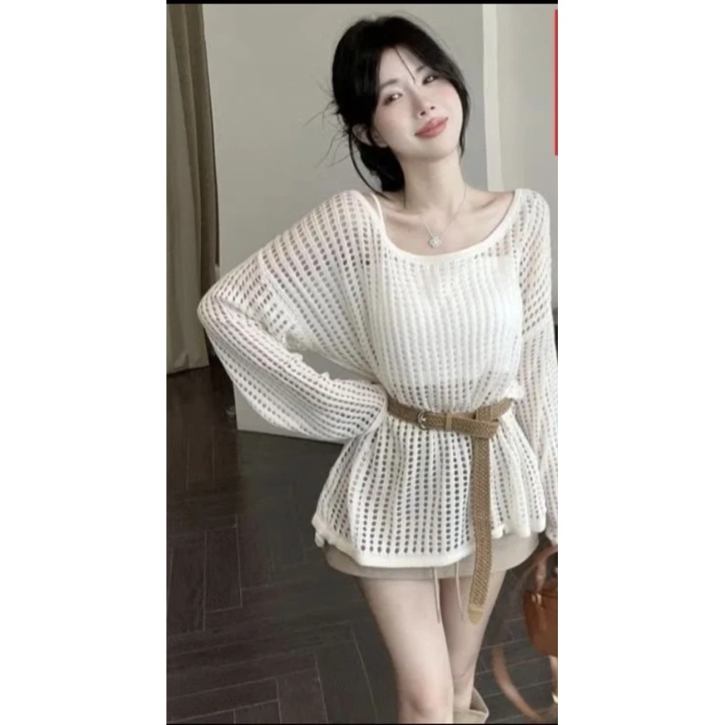Áo len lưới màu trắng tinh khôi, mặc du lịch biển lên hình xinh xắn 50_65kg mặc đẹp