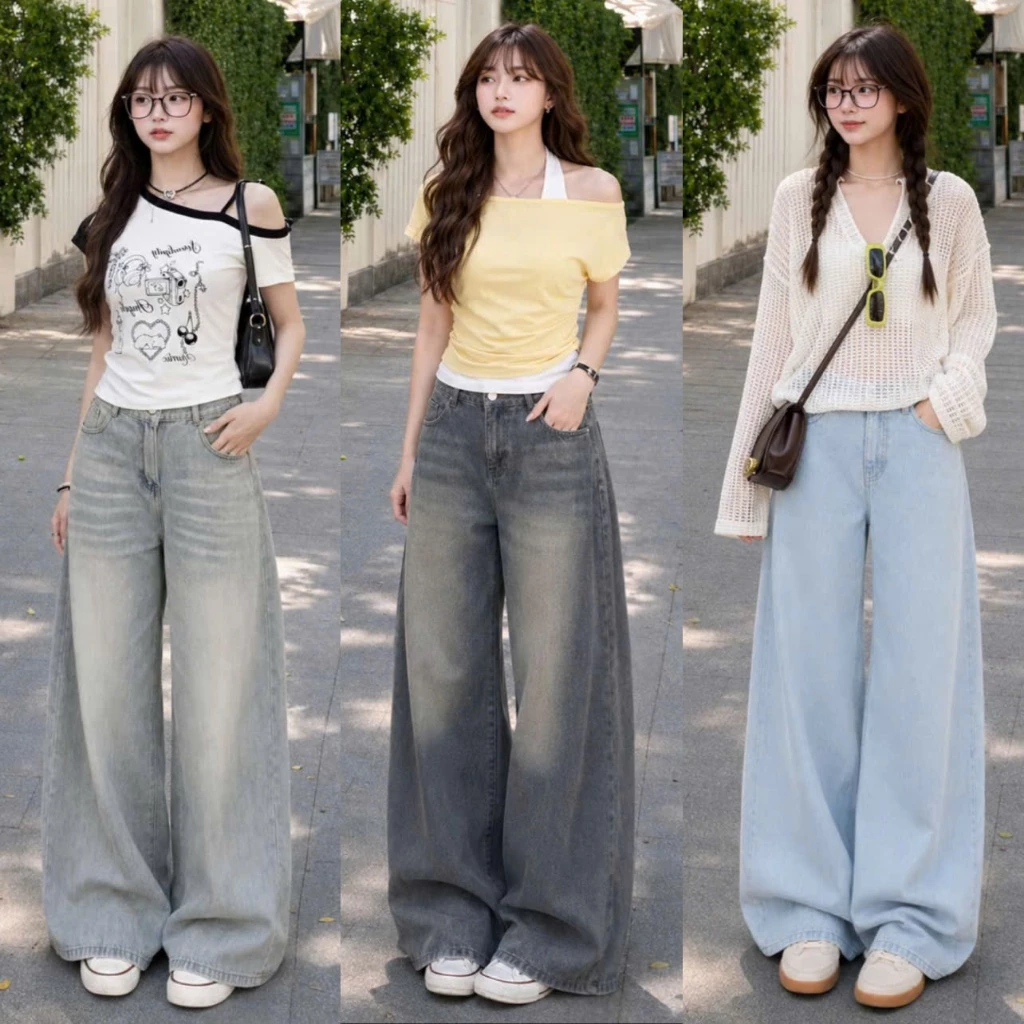Quần Jean ống Rộng NỮ Cạp cao ống suông rộng 33cm màu xanh xám wash trắng bigsize