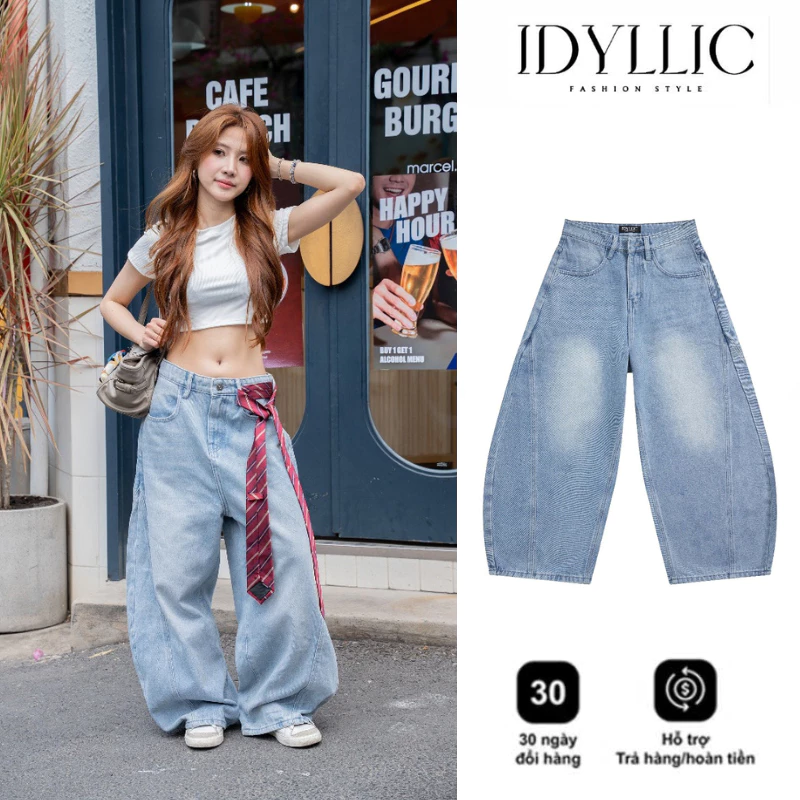 Quần Jean Ống Cong IDYLLIC Nam Nữ Form Thụng Màu Xanh Wash Chất Denim Cao Cấp Phong Cách Streetwear