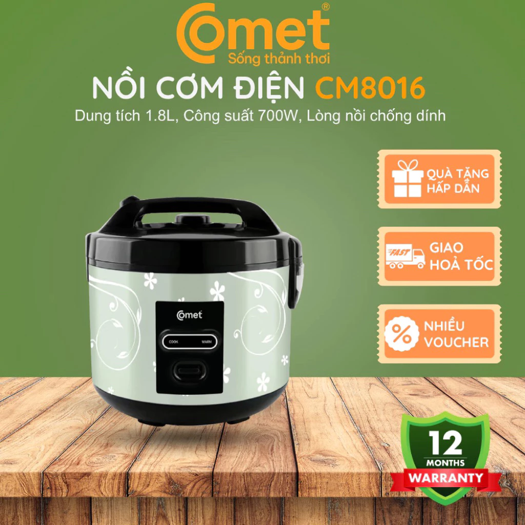 Nồi Cơm Điện Comet CM8016 1.8L 700W – Nấu Cơm Nhanh, Giữ Ấm Tự Động, Lòng Nồi Chống Dính