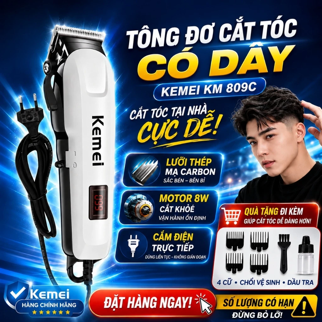 Tông Đơ Cắt Tóc 809C Có Dây Cao Cấp, Máy Cắt Tóc Gia Đình Chuyên Nghiệp, Màn Hình LED Hiển Thị % Pin
