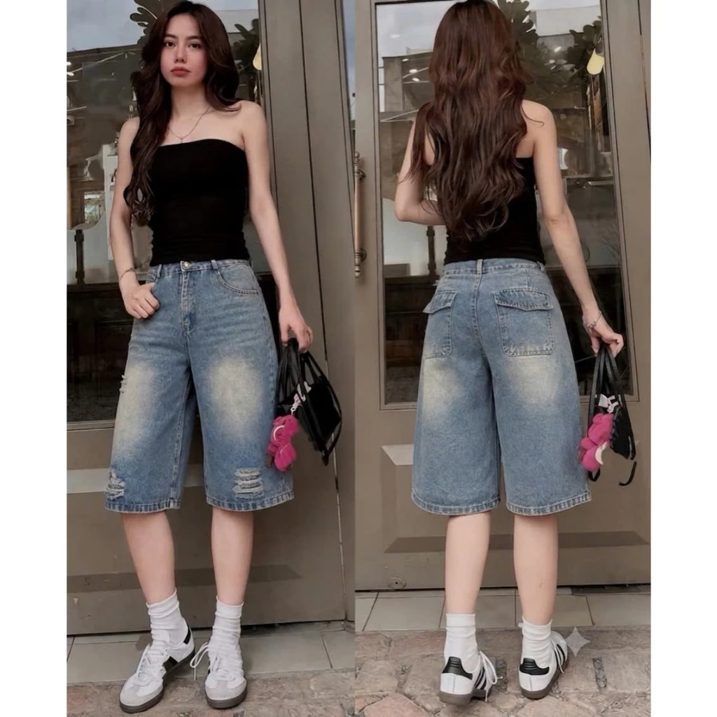 Quần Short Jean Bermuda Nữ Ống Rộng Cạp Cao Cào Rách Cá Tính, Quần Ngố Bò Nữ Thần Hack Dáng Vintage DV38