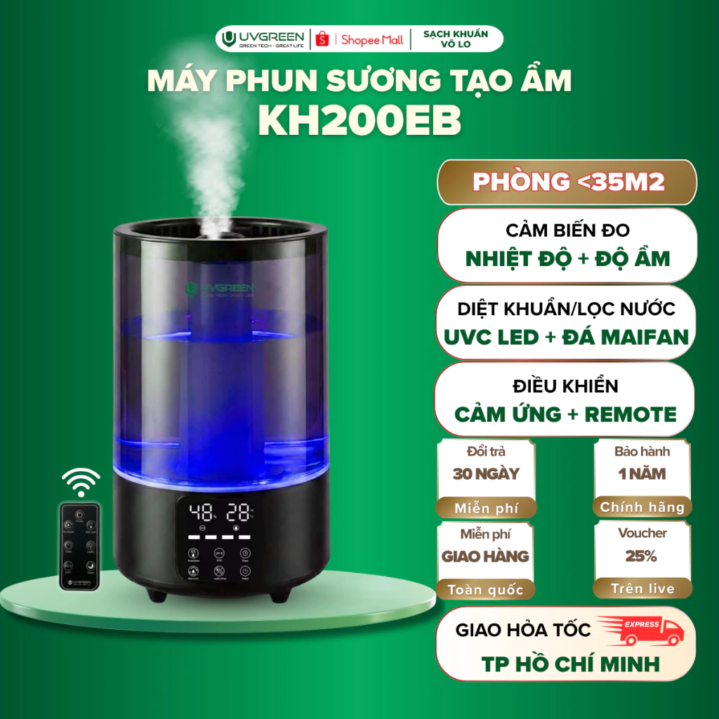 [KOL] Máy Phun Sương Tạo Ẩm UVGREEN KH200 5 Lít, UVC Diệt Khuẩn, Tạo Sương Siêu Mịn, Xông Tinh Dầu