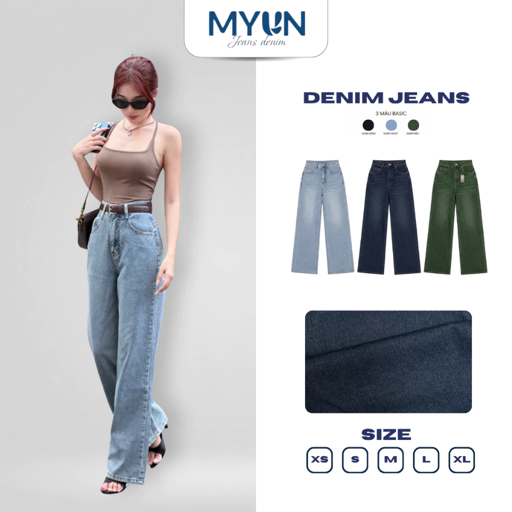 MYUN - Quần Jean Ống suôn Classic, ống rộng 24cm, túi thêu ,lưng cao dáng , Jeans cotton JR007