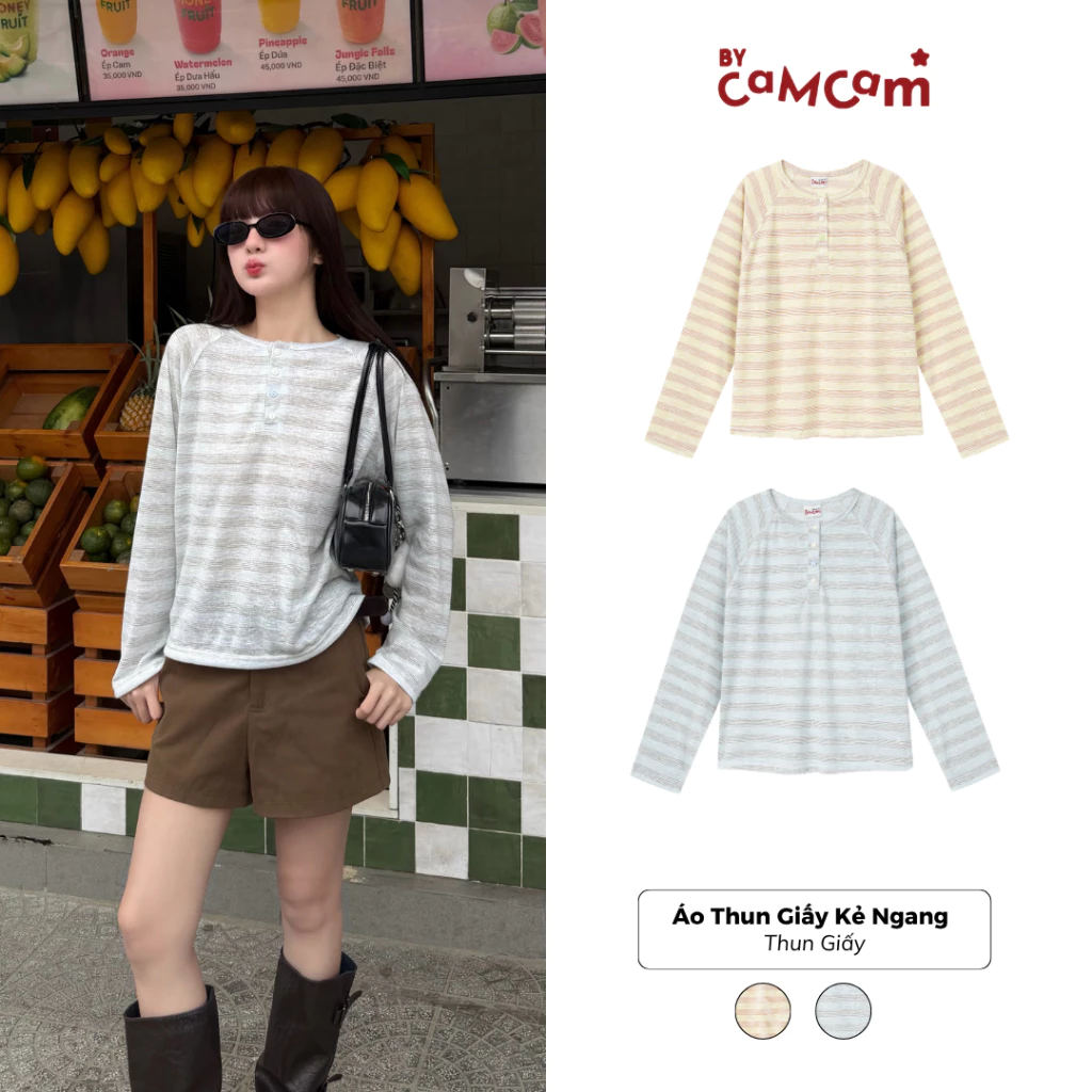 Áo Thun Giấy Kẻ Dài Tay Raglan 𝑩𝒚𝒄𝒂𝒎𝒄𝒂𝒎 Form Rộng Mùa Hè Hàn Quốc ATD544