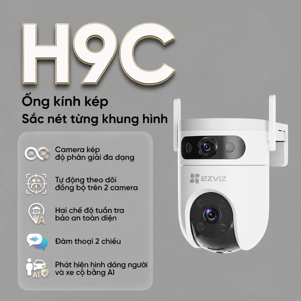 (QUÀ TẶNG đơn cam+ thẻ)Camera Wifi Ezviz 2 Mắt Ngoài Trời H9C 6MP/10MP–Quay Quét 360,Màu Ban Đêm