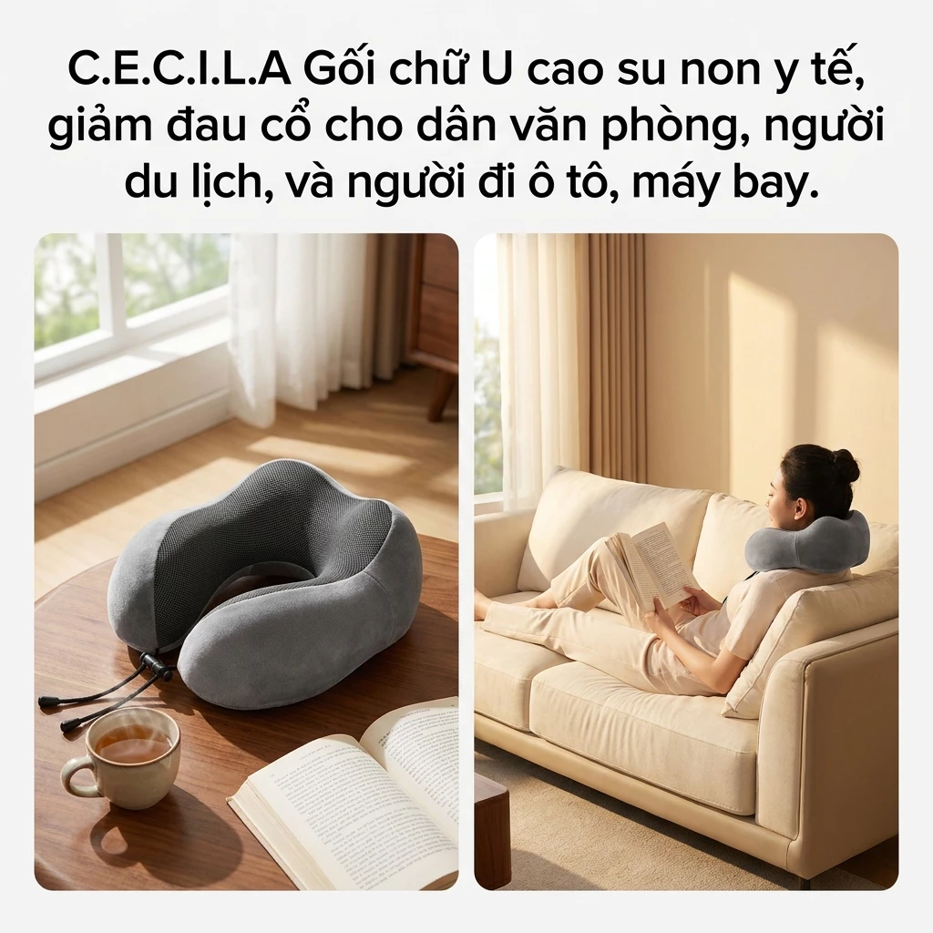 Gối Chữ U CECILA Cao Su Non Đàn Hồi Êm Mềm Phù Hợp Ô Tô Máy Bay Văn Phòng