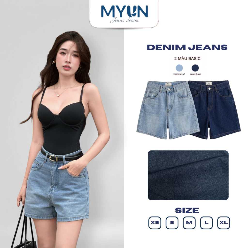 MYUN - Quần Short Jean Nữ Lưng Cao 33cm, Denim Cotton, Dáng Ngố Tôn Dáng, Đi Biển Đi Chơi JS0001