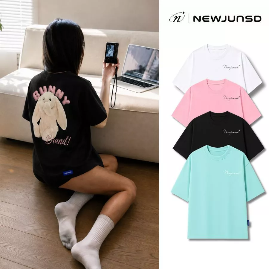 Áo Thun NEWJUNSD Thỏ Trắng Bunny 100% Cotton Form Boxy Vải Dày Không Xù Lông Cổ Tròn Unisex