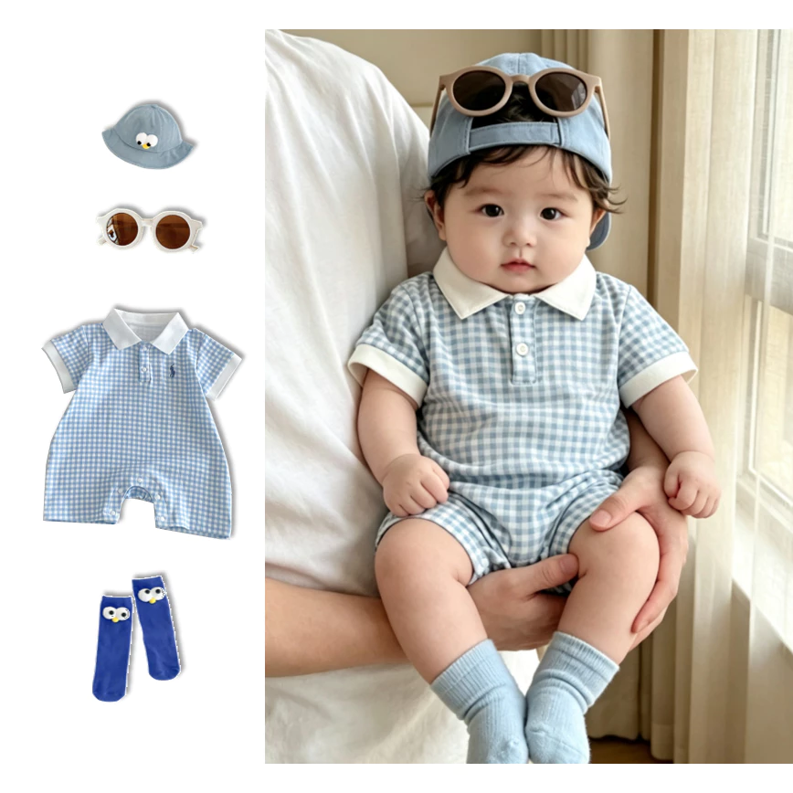 Bé mùa hè áo ngắn Romper thời trang bông màu xanh lưới phong cách Hàn Quốc Jumpsuit 0-24 M