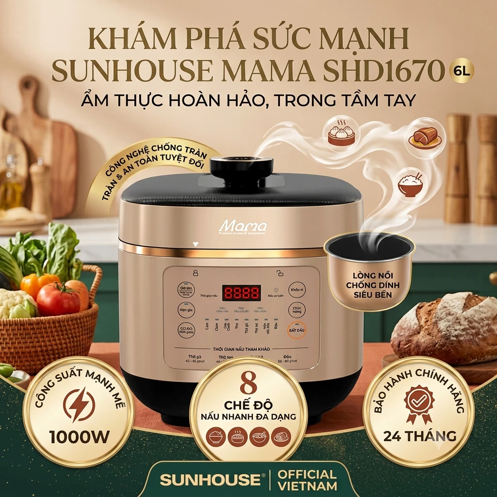 Nồi áp suất điện đa năng Sunhouse SHD1670 | Dung tích 6L | Công suất 1000W | Lòng nồi chống dính