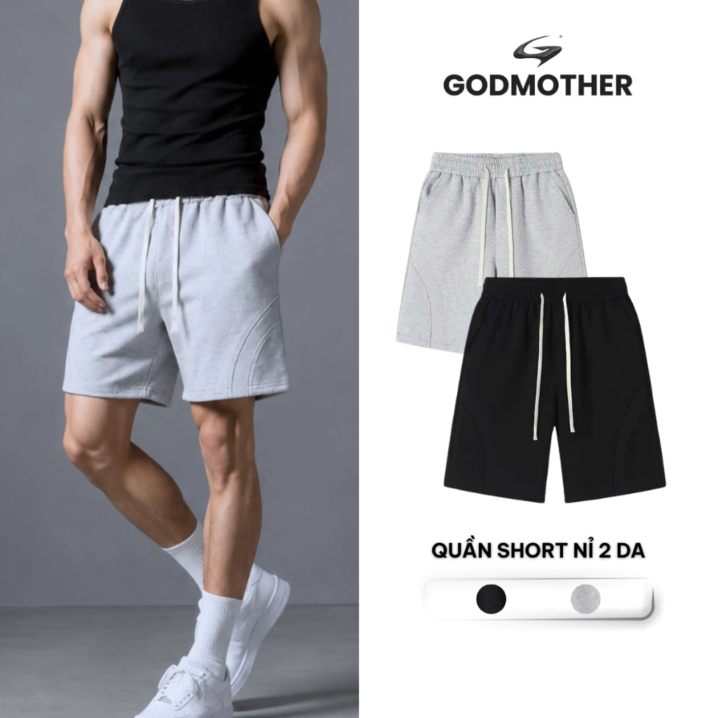 Quần Short Nỉ 2 Da GODMOTHER Quần Đùi Cộc Nam Nữ Phối Bo Chun Trẻ Trung Thể Thao Năng Động