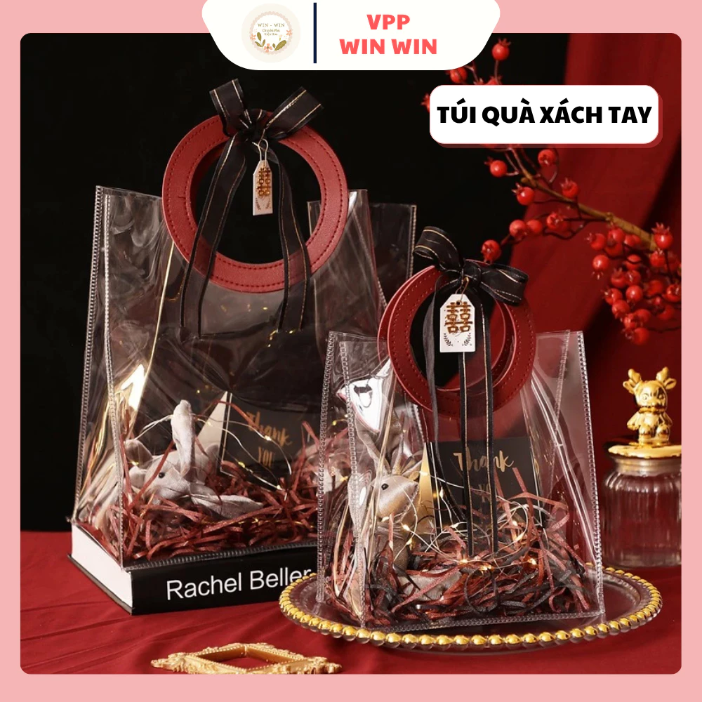 Túi quà trong suốt xách tay làm quà tặng túi lưu niệm PVC làm giỏ quà tết kích thước 28x14x25