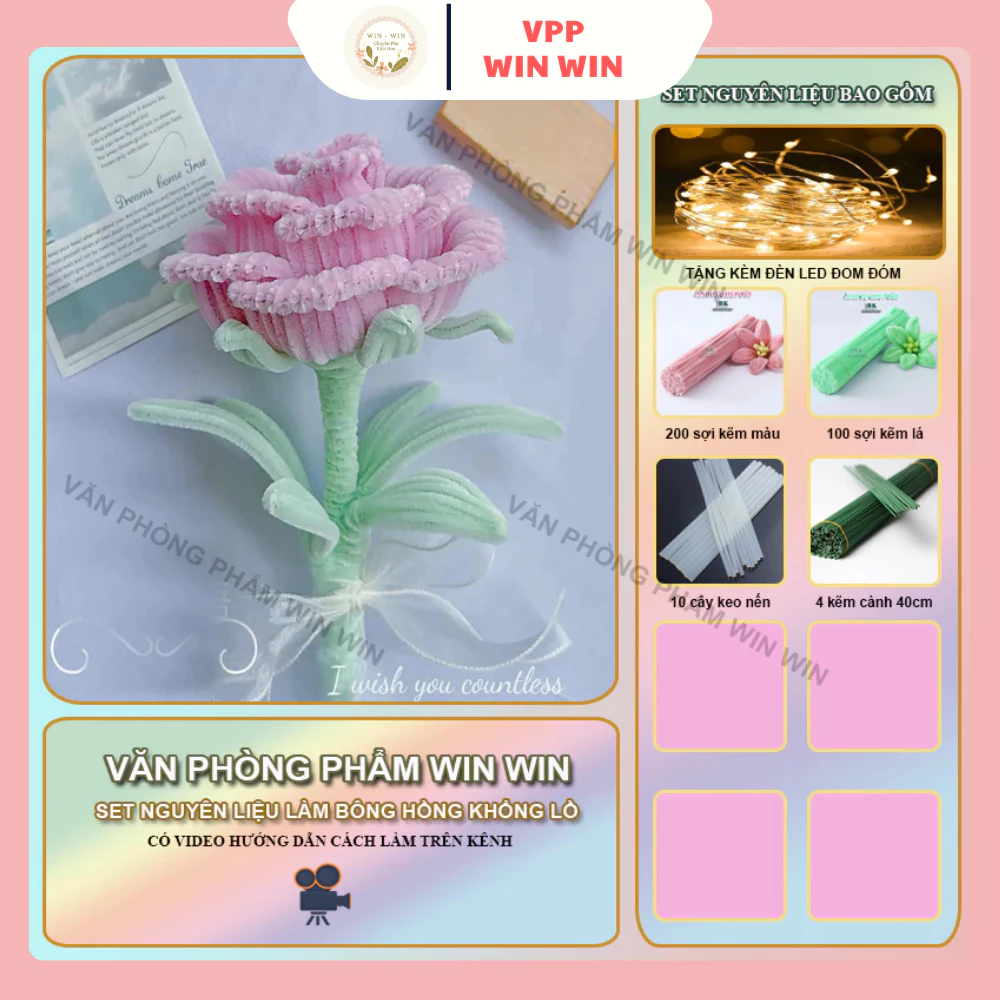 Set nguyên liệu kẽm nhung làm bông hoa hồng khổng lồ tặng kèm đèn đom đóm