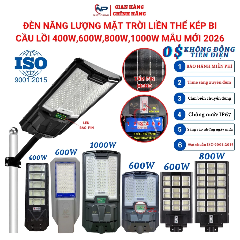 Đèn năng lượng mặt trời sân vườn Shop Nhật Phong đèn đường liền thể kép 800W,600w,500W,300W,Cảm Biến Chuyển Động,BH2năm