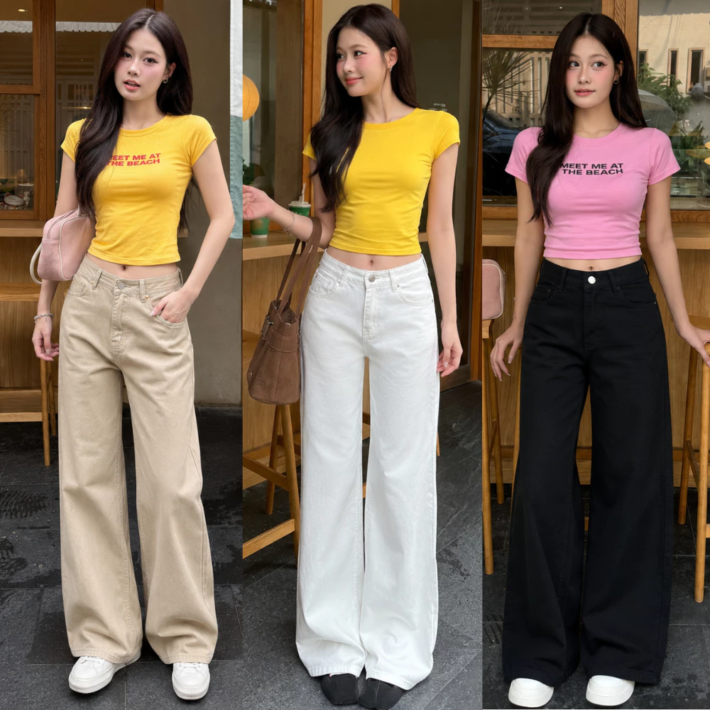 Quần Kaki Nữ trơn Cạp Cao Jean Trắng ống rộng dáng suông đứng MIAA chất Kaki Bò Dáng dài Lưng Cao