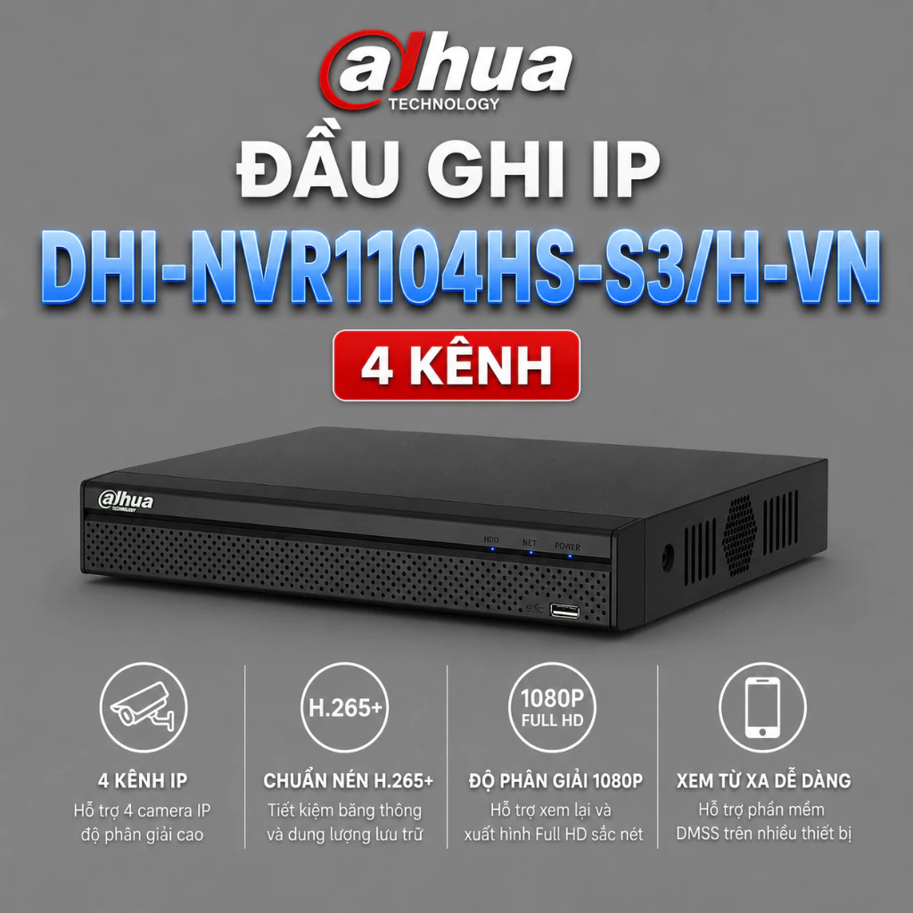 Đầu ghi NVR 4 kênh DHI-NVR1104HS-S3/H-VN hỗ trợ camera IP hình ảnh sắc nét xem từ xa