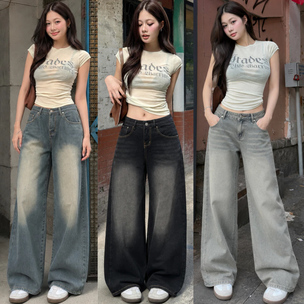 Quần Jeans Dài Wash MIAA Ống Rộng Cạp Cao Tôn Dáng Nam Nữ Unisex, quần bò ống suông hotttrend phong cách trẻ trung