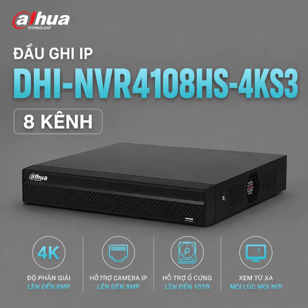 Đầu Ghi Camera IP Dahua DHI-NVR4108HS-4KS3 8 Kênh Hỗ Trợ 4K Xem Từ Xa H.265+ Ổn Định