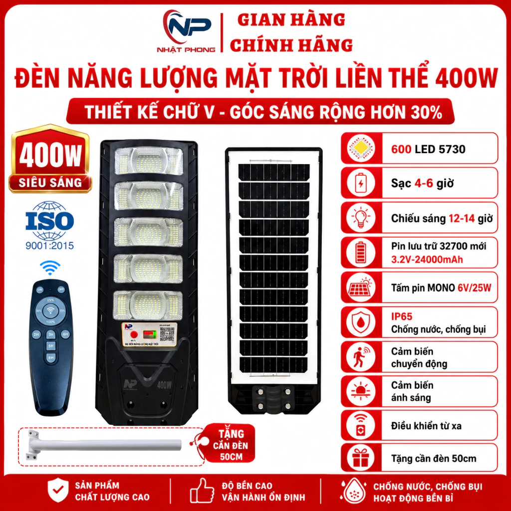 Đèn Năng Lượng Mặt Trời Sân Vườn Liền Thể Đơn 400W Mẫu Mới,Cảm Biến Chuyển Động,Điều Khiển Từ Xa Bảo Hành 2 năm