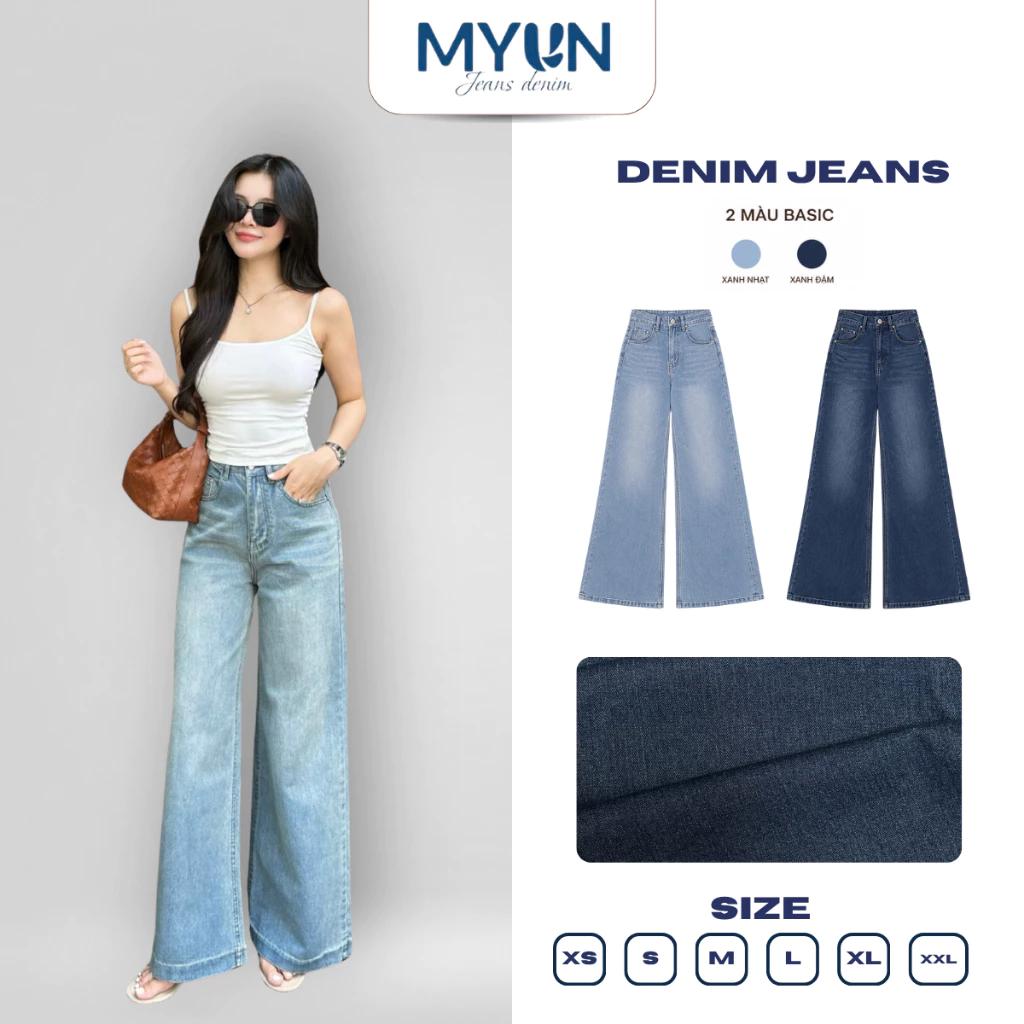 MYUN - Quần Jean Nữ Lưng Cao Ống Loe Rộng 34cm Dáng Dài Tôn Dáng Lai 3cm, Đứng Form JL3P6 MS06
