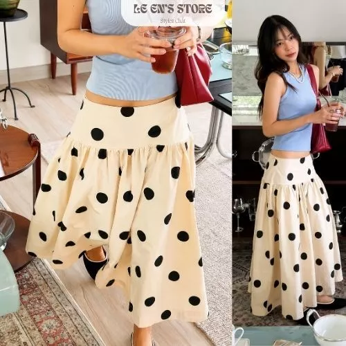 Chân váy dài, chân váy chấm bi dáng xoè phong cách nàng thơ, chân váy nữ đi chơi sang chảnh-V145