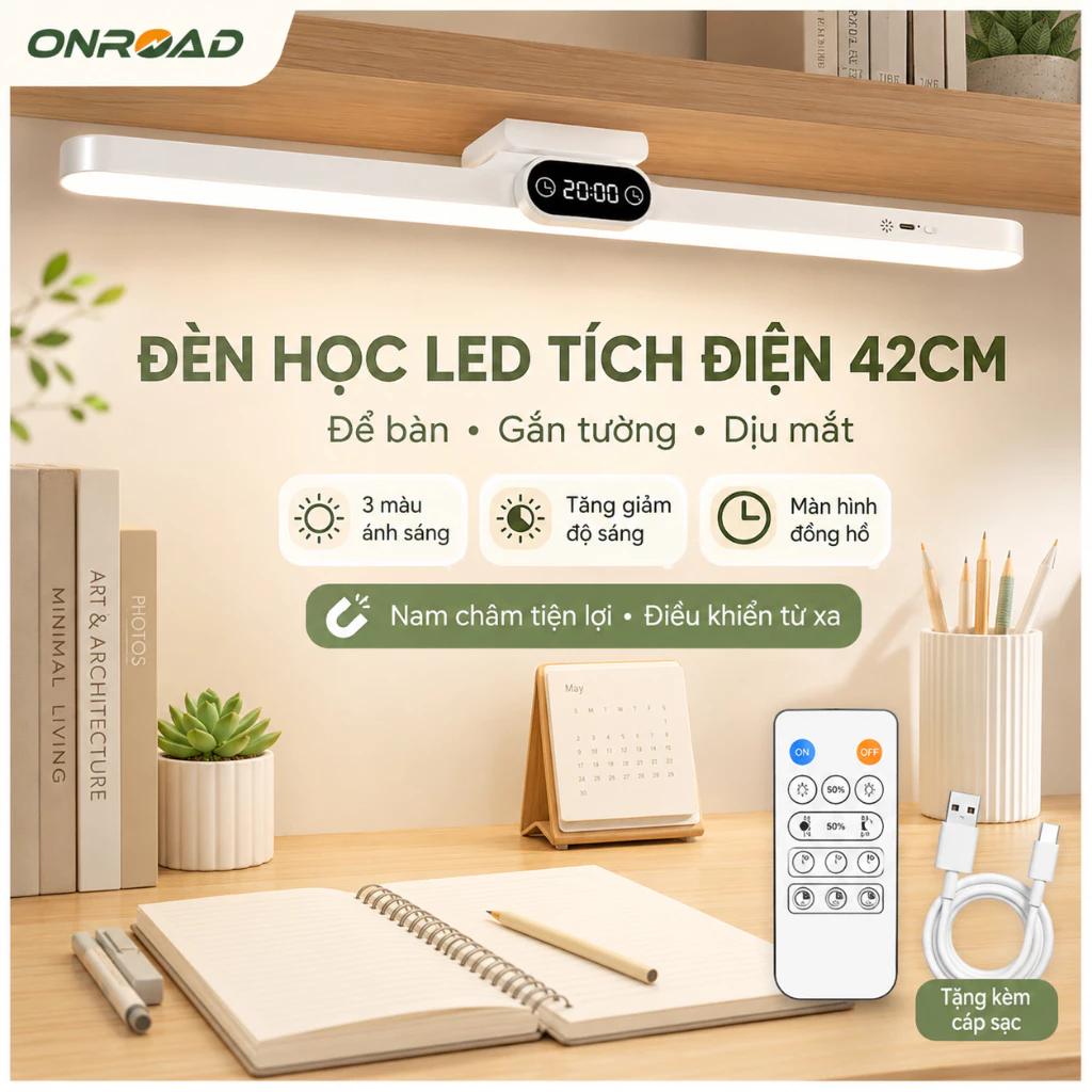 ONR-Đèn Học LED Để Bàn Gắn Tường 42cm, Tích Điện, Chống Cận, 3 Màu Sáng, Điều Chỉnh Độ Sáng