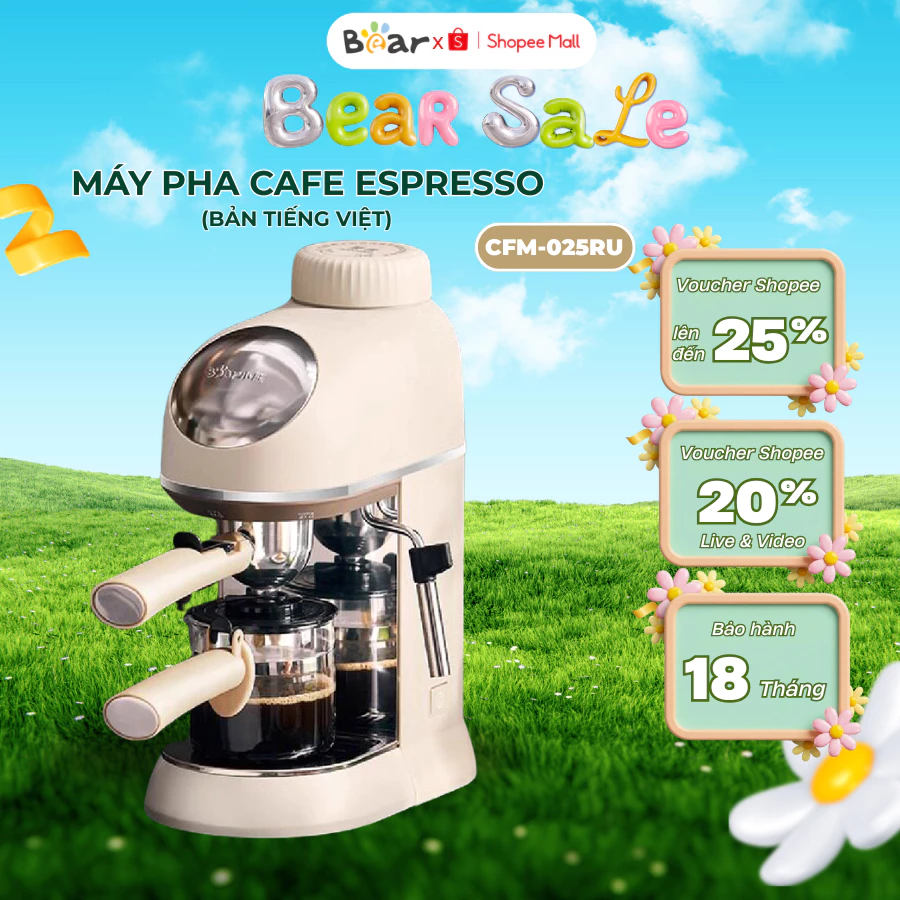 Máy pha cà phê Espresso Bear CFM-025RU, Công suất 800W, tự động kích thước nhỏ gọn, BH 18 tháng
