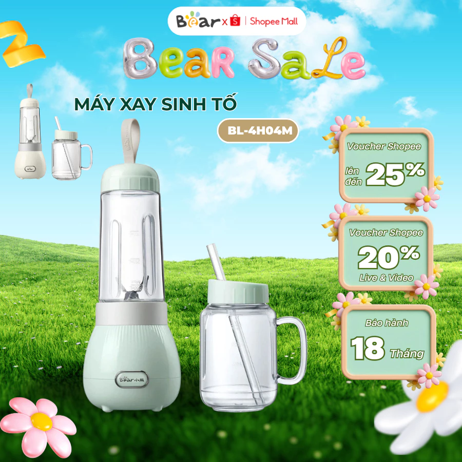 Máy xay sinh tố cầm tay 2 cối Bear BL-4H04M, Công suất 150W, cốc có nắp chống tràn,ít ồn BH 18tháng